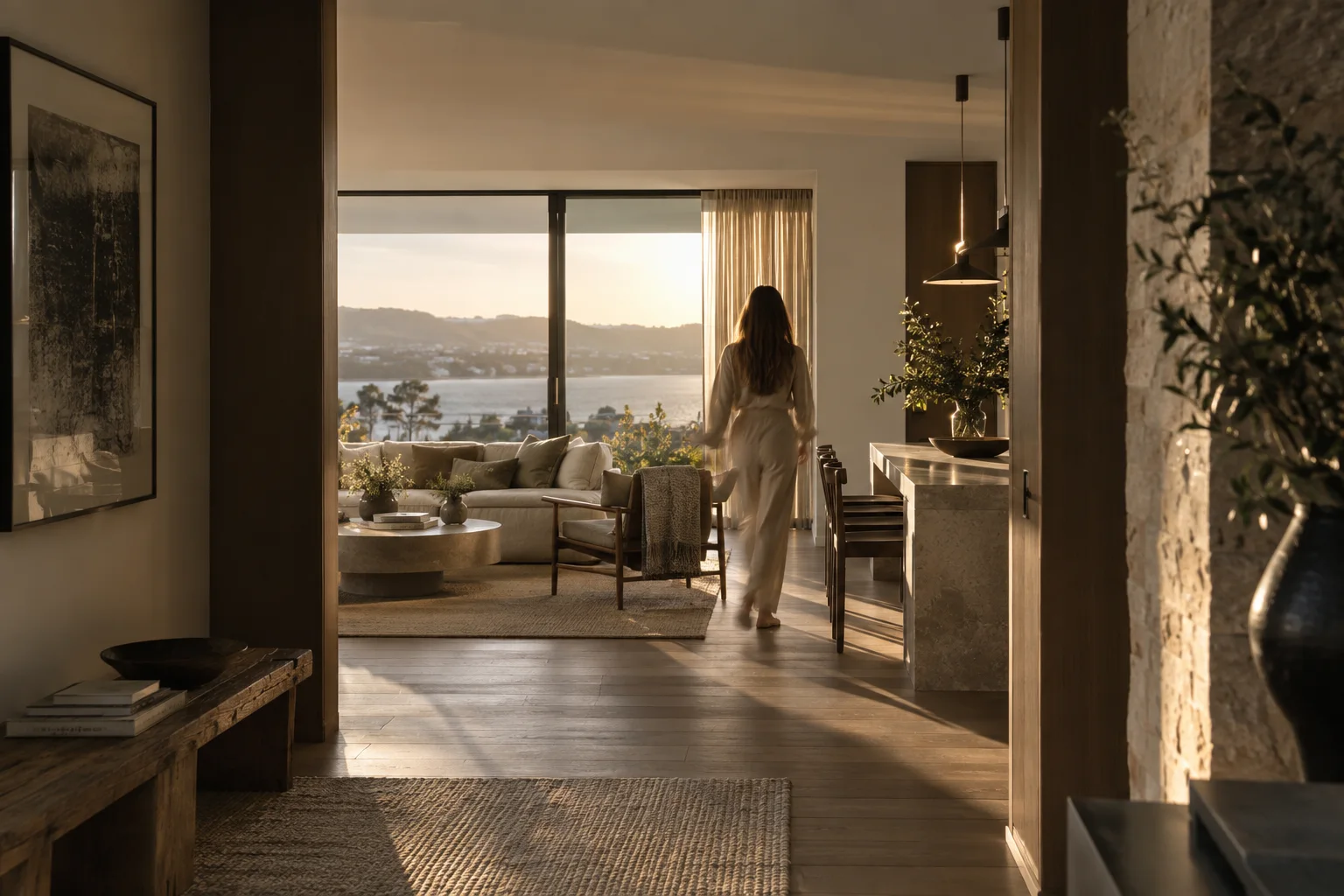 Referência visual de uma pessoa atravessando um interior contemporâneo iluminado por luz natural