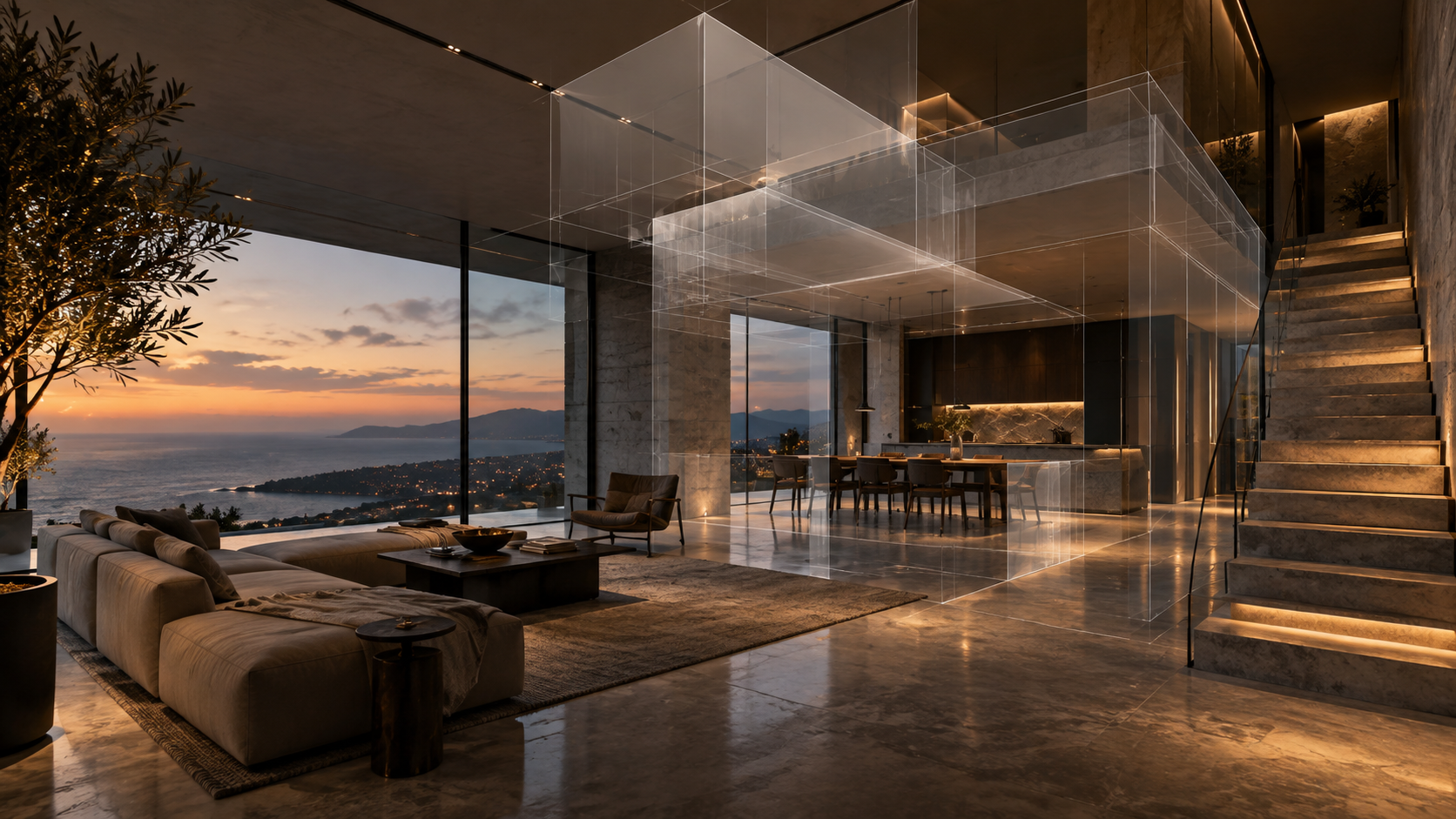 Referência visual de arquitetura real com volumes tridimensionais e composição VFX integrados ao ambiente